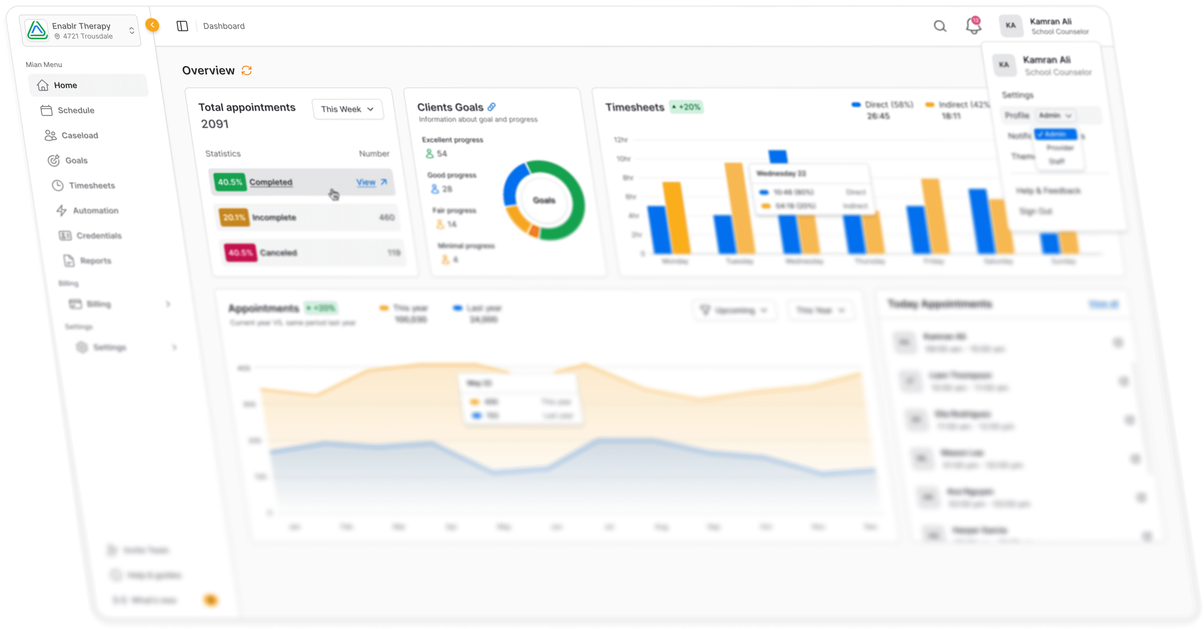 Tally100 Dashboard showing appointments, client goals, and timesheets